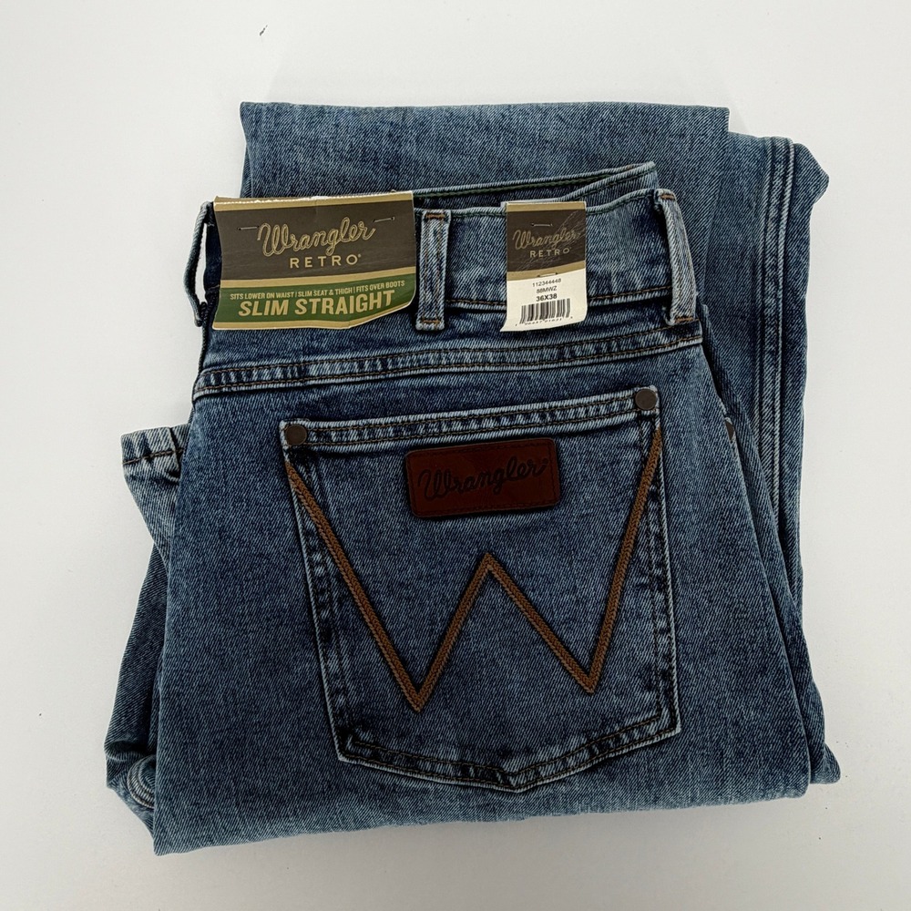 Wrangler Retro Slim Straight Jeans Mens 36x38 Blue Denim 88MWZ Medium Wash NEW